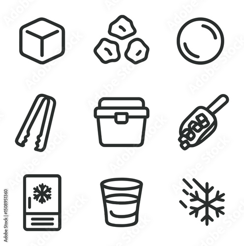 Ice Icon Set. Outline icon set of ice & cooling: ice cube, crushed ice, ice sphere, ice tongs, cooler, ice scoop, refrigeration