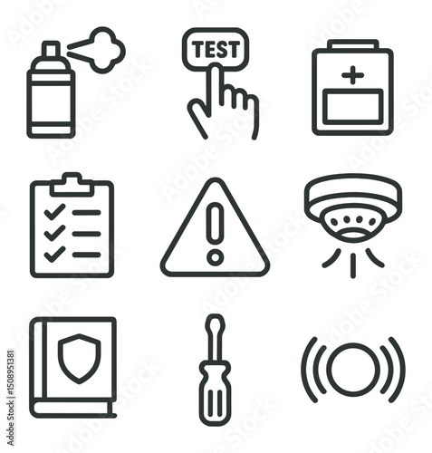 Household Safety Icon Set. Outline icon set of household emergency checks: smoke test spray, hand