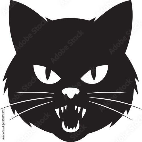 A black cat head with white eyes whiskers and teeth on a white background in a simple illustration