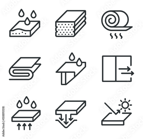 Insulation Icon Set. Outline icon set of insulation and weatherproofing: waterproof coating, foam liner, thermal blanket, gasket