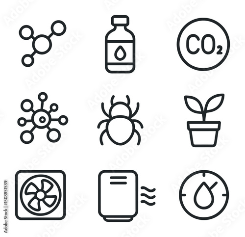 Indoor Air Quality Icons. Outline icon set of indoor air quality indicators: formaldehyde molecule, VOC bottle, CO₂ symbol, mold