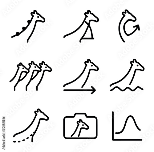 Giraffe Motion Icons. Outline icon set of giraffe neck motion capture: marker dot, joint angle arc, motion vector, frame sequence,