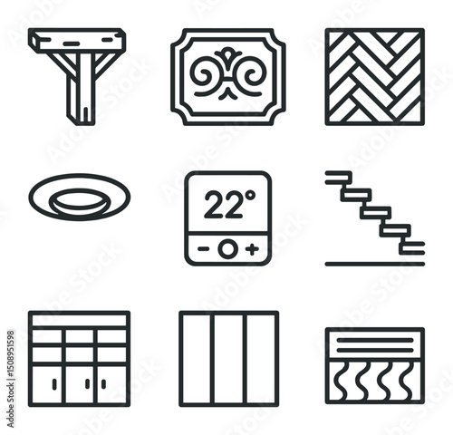 Interior Design Icons. Outline icon set of interior restoration and modernization: exposed timber beam, ornamental plaster molding