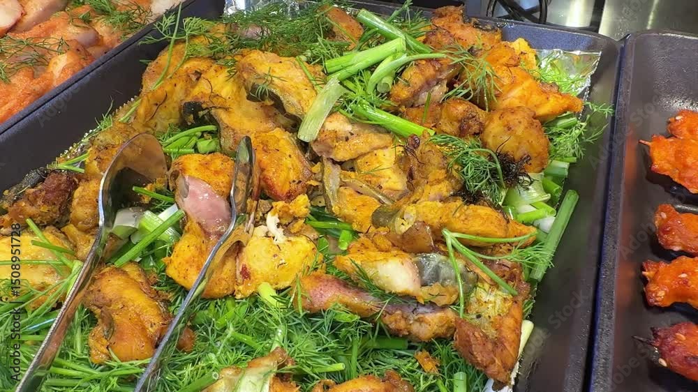 Fried Fish Cakes, fried fish paste balls be famous food at market Pak Kret, Nonthaburi Thailand. High quality 4k footage