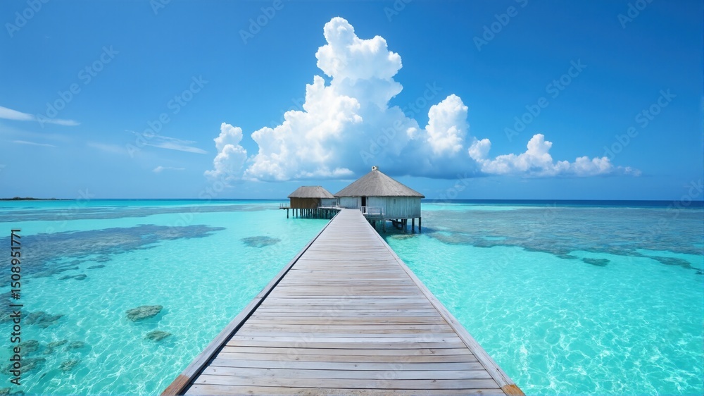 Obraz premium Tropical Paradise Water Bungalow Over Crystal Clear Ocean 
