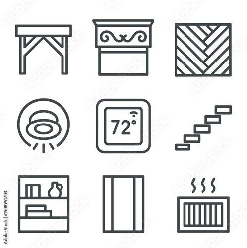 Interior Design Icons. Outline icon set of interior restoration and modernization: exposed timber beam, ornamental plaster molding