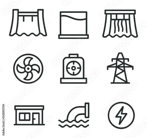 Hydroelectric Dam Icons. Outline icon set of hydroelectric dams: dam wall, water reservoir, spillway