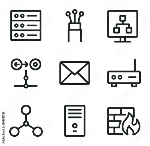Internet Infrastructure Icons. Outline icon set of global internet infrastructure: data center rack, fiber optic strand, CDN node,