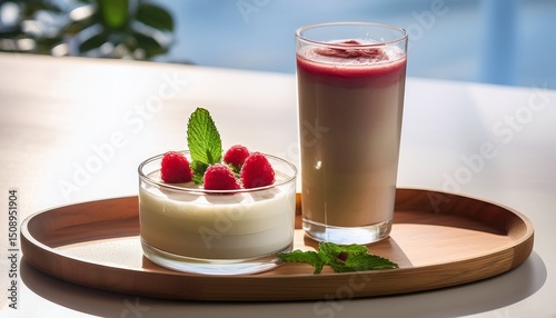Wallpaper Mural a tray featuring a smooth creamy dairy based dessert accompanied by a tall glass of cool refreshing drink garnished with fresh mint leaves and raspberries arranged in a clean modern style Torontodigital.ca