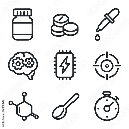 Nootropic Icon Set. Outline icon set of nootropic supplements and pills: capsule bottle, stacked tablets, droplet pipette, brain
