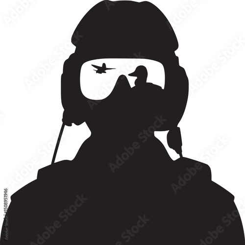 Silhouette of pilot with plane and figure reflected in goggles against a white background image