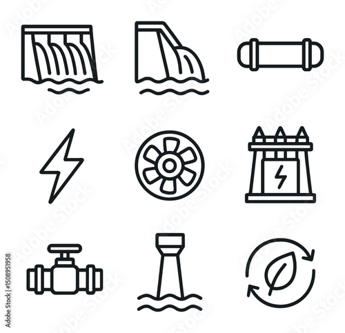Hydropower System Icons. Outline icon set of hydropower generation system: large-scale dam,