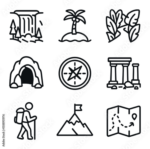 Iconic Exploration Destinations. Outline icon set of undiscovered and unexplored destinations: