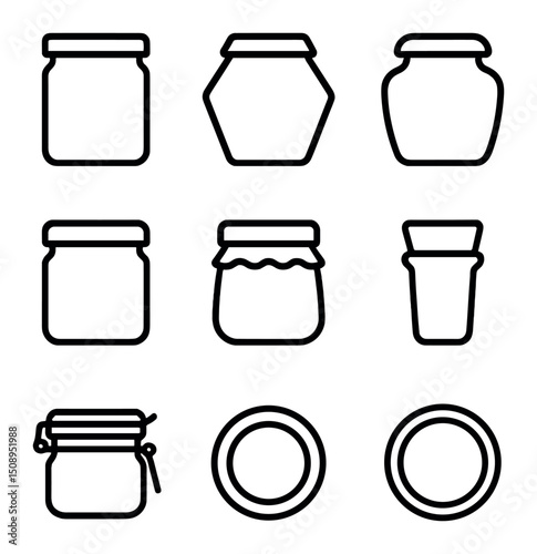 Jam Jar Icons. Outline icon set of jam jar shapes and lids: straight-sided jar, hexagon jar, squat jar, flip-top jar, screw-top