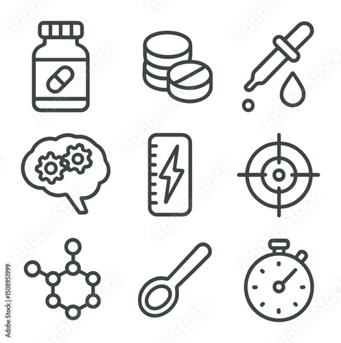 Nootropic Icon Set. Outline icon set of nootropic supplements and pills: capsule bottle, stacked tablets, droplet pipette, brain