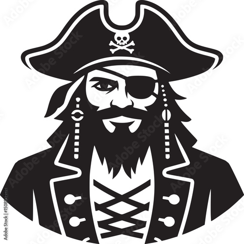 A black and white vector illustration of a pirate with a hat and an eyepatch on a white background