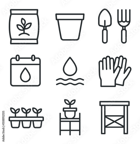 Indoor Gardening Icons. Outline icon set of daily indoor plant care routine: morning sunlight, soil