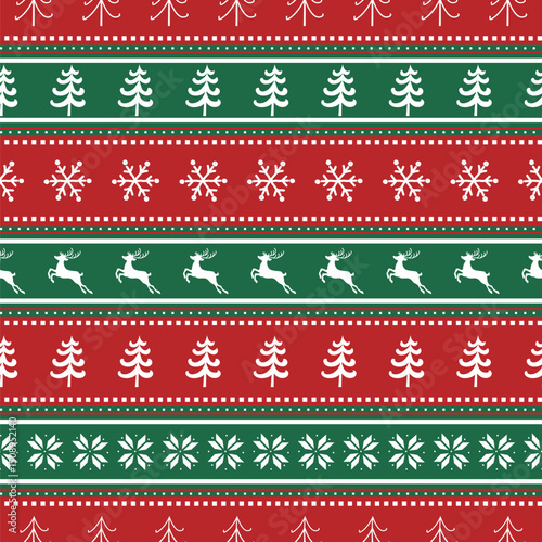 Striped Christmas Pattern with Deer, Fir Trees, Snowflakes. Seamless Print. Christmas Background with Winter Elements. Merry Christmas and Happy New Year Design. Vector illustration in Red Green White