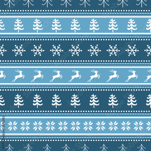 Striped Christmas Pattern with Deer, Fir Trees, Snowflakes. Seamless Print. Christmas Background with Winter Elements. Merry Christmas and Happy New Year Design. Vector illustration in Blue, White
