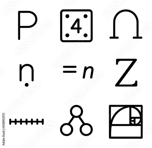 Number Theory Icons. Outline icon set of number theory concepts: prime p, composite number, gcd symbol, lcm symbol, modular