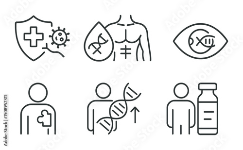 Healthcare and genetics icons: dna, vaccine, shield, and anatomy concepts