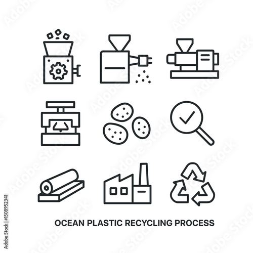 Ocean Recycling Icons. Outline icon set of ocean plastic recycling process: shredder, pelletizer, extrusion machine, mold press,