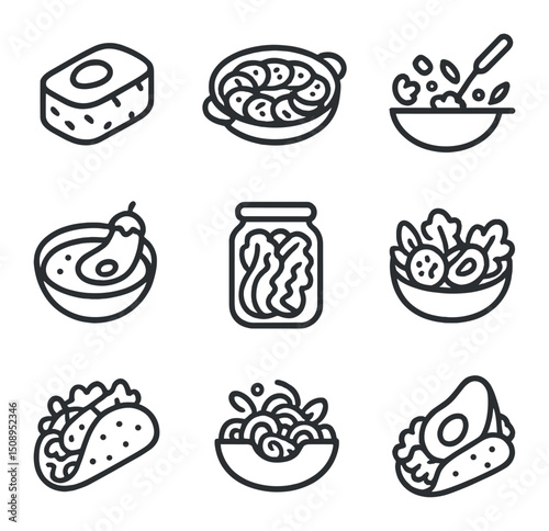 Global Vegetable Icons. Outline icon set of vegetables in global cuisines: sushi avocado, ratatouille pan, curry eggplant,