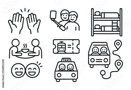 Icons for travel and friendship themes highlighting commuting and shared experiences