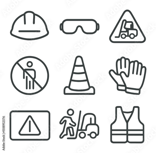 Industrial Safety Icons. Outline icon set of industrial safety during loading: hard hat, safety