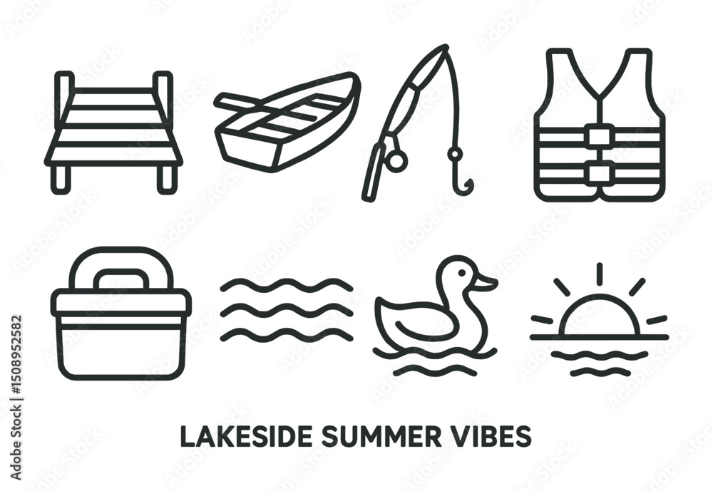 Lakeside summer adventure: boating, fishing, and relaxation icons