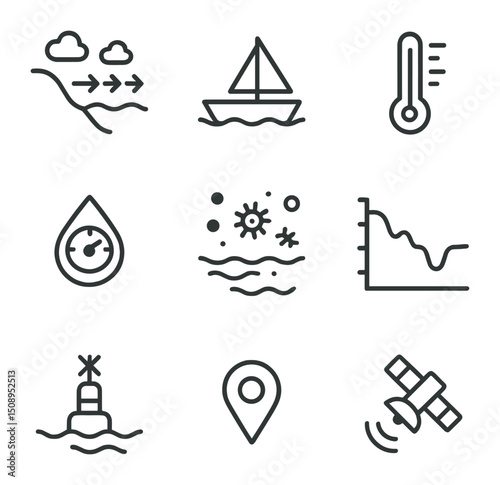 Oceanographic Icon Set. Outline icon set of Pelagia habitat and distribution: coastal current, open sea, temperature gradient,