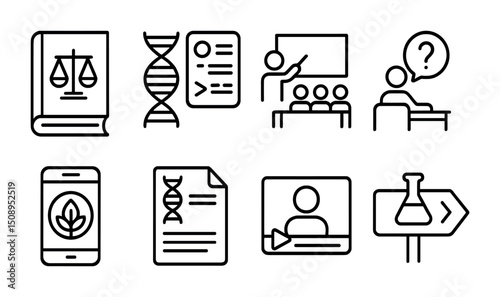 Education and science icons featuring classroom and laboratory elements