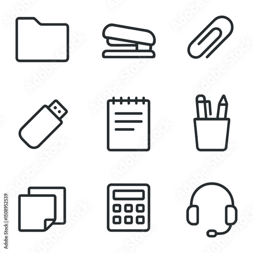 Office Icon Set. Outline icon set of office side cabinet drawer: file folder, stapler, paper clip, USB drive, notepad, pen holder,