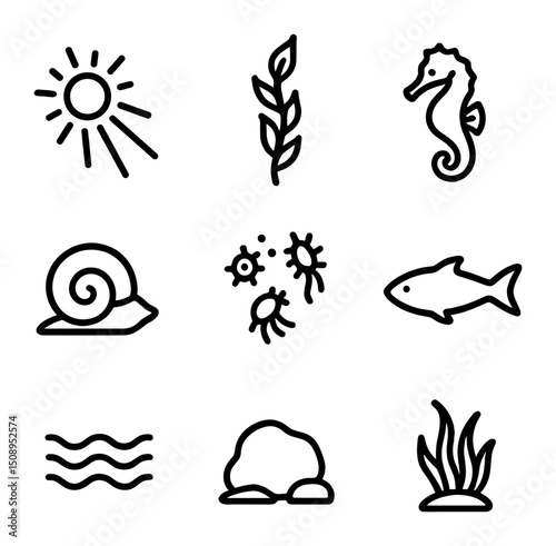 Kelp Forest Icons. Outline icon set of kelp forest under sunlight: sunbeam, giant kelp frond, seahorse, sea snail, drifting