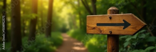 Arrow signpost on wooden trail post, directional hiking path, woods, hiking