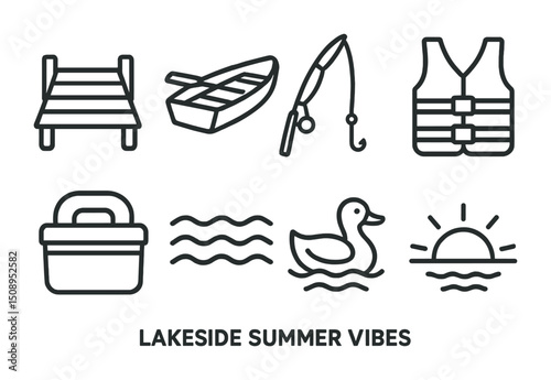 Lakeside summer adventure: boating, fishing, and relaxation icons