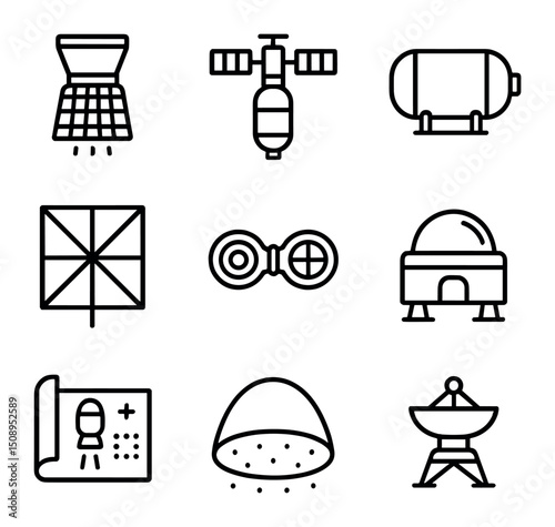 Interplanetary Travel Icons. Outline icon set of interplanetary travel technology: ion thruster,