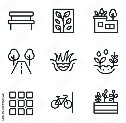 Green Infrastructure Icons. Outline icon set of green infrastructure: urban park bench, living green wall, rooftop garden,