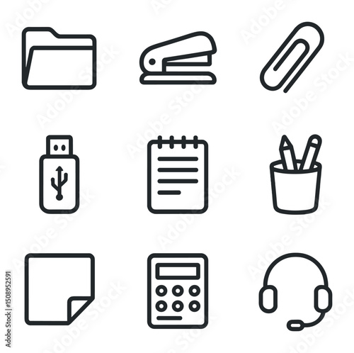 Office Icon Set. Outline icon set of office side cabinet drawer: file folder, stapler, paper clip, USB drive, notepad, pen holder,