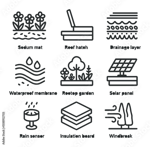 Green Roof Icons. Outline icon set of green roof systems: sedum mat, roof hatch, drainage layer, waterproof membrane, rooftop