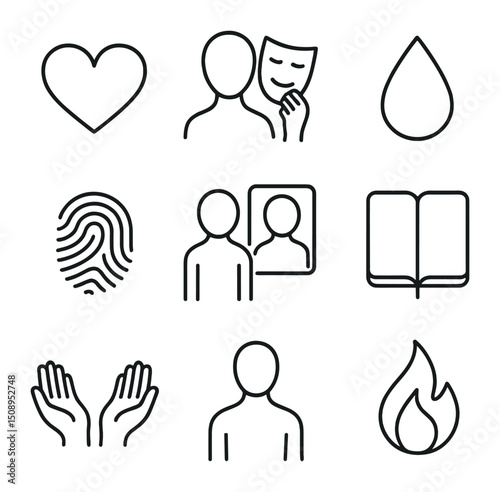 Icons of Openness. Outline icon set of vulnerability and authenticity: open heart, mask removal, tear drop, fingerprint, mirror