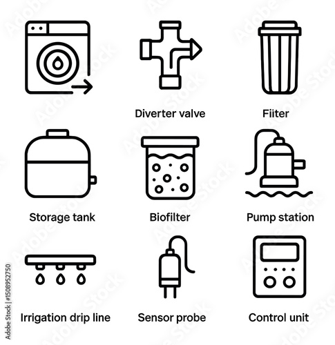 Greywater Recycling Icons. Outline icon set of greywater recycling systems: laundry-to-landscape, diverter valve, filter cartridge