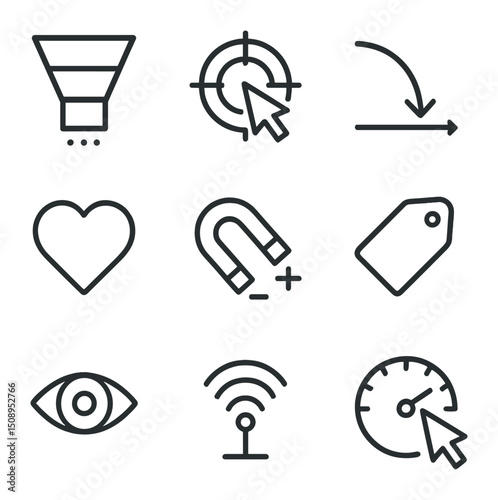 KPI Icons Set. Outline icon set of key performance indicators: conversion funnel, click-through target, bounce rate arrow,