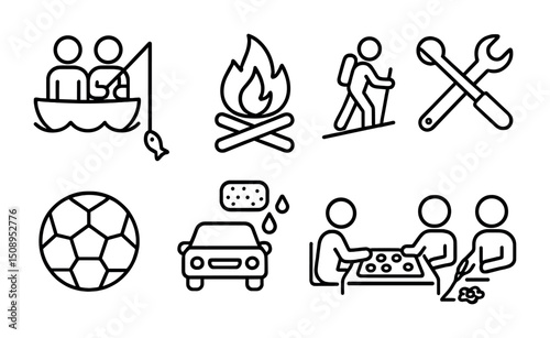 Outdoor activities and team bonding icons for recreation and adventure design