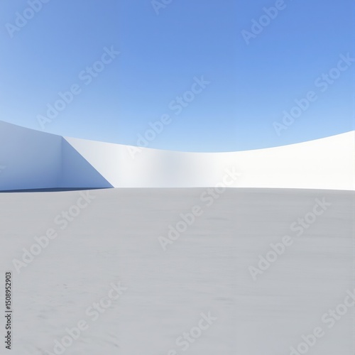 Minimalist Architectural Landscape with Curved White Walls and Clear Blue Sky