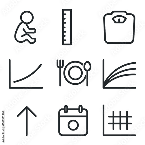 Growth and Nutrition Icons. Outline icon set of growth and nutrition chart: baby silhouette, height ruler, weight scale, BMI curve