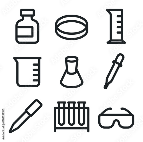 Lab Glassware Icons. Outline icon set of lab glassware jars: reagent bottle, petri dish, graduated cylinder, beaker, stopper,