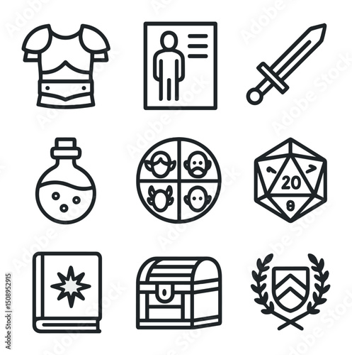 LARP Icon Set. Outline icon set of LARP character creation: armor piece, character sheet, sword prop