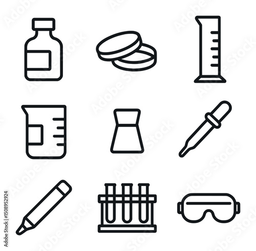 Lab Glassware Icons. Outline icon set of lab glassware jars: reagent bottle, petri dish, graduated cylinder, beaker, stopper,