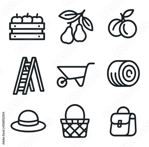 Orchard Fruit Icons. Outline icon set of orchard fruit picking cart: apple crate, pear branch, peach cluster, cherry basket,